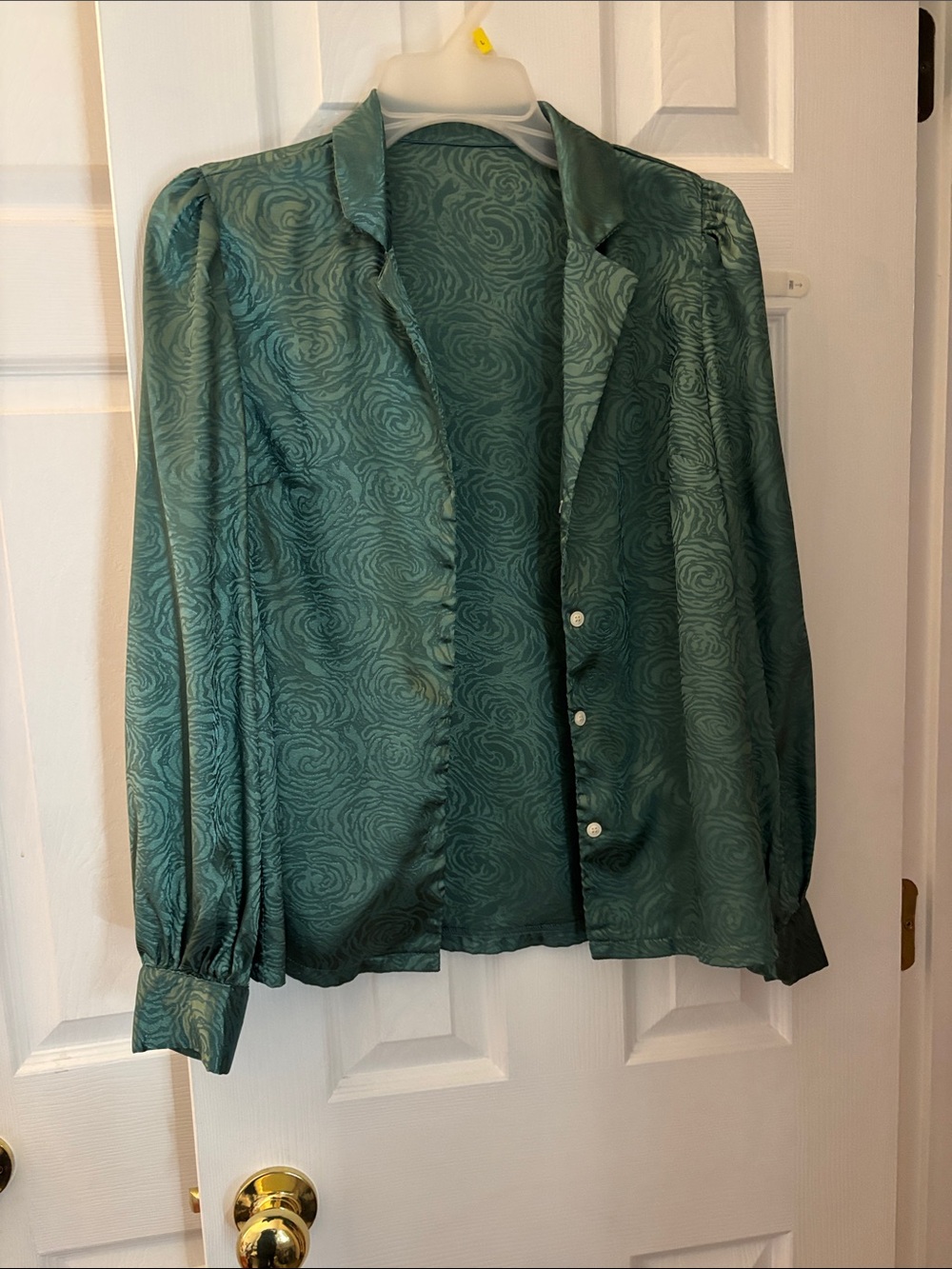 Women's Teal Satin Button-Front Blouse with Subtle Jacquard